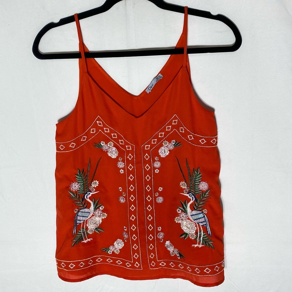 DEX Orange Embroidered Birds Of Paradise Camisole Tank Top XS Festival